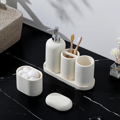 Haocoott Bathroom Accessories Set, 5PCS Modern Bathroom Accessory Set with Soap Dispenser, Mouthwash Cup & Toothbrush Holder, Qtip Holder, Tray