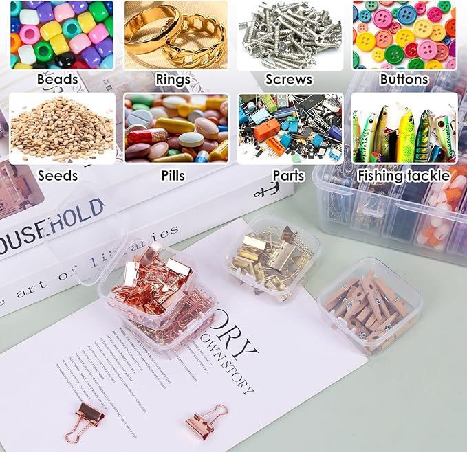 OUTUXED Bead Organizer Box, 108Pcs Small Clear Plastic Bead Storage, Mini Craft Storage Containers Boxes with Hinged Lid and Labels for Bracelets, Making DIY Jewelry Craft Nail, Screws, Seeds