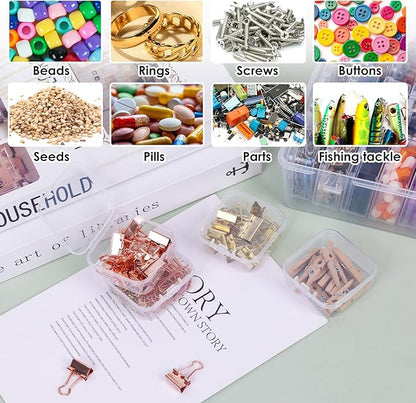 OUTUXED Bead Organizer Box, 108Pcs Small Clear Plastic Bead Storage, Mini Craft Storage Containers Boxes with Hinged Lid and Labels for Bracelets, Making DIY Jewelry Craft Nail, Screws, Seeds