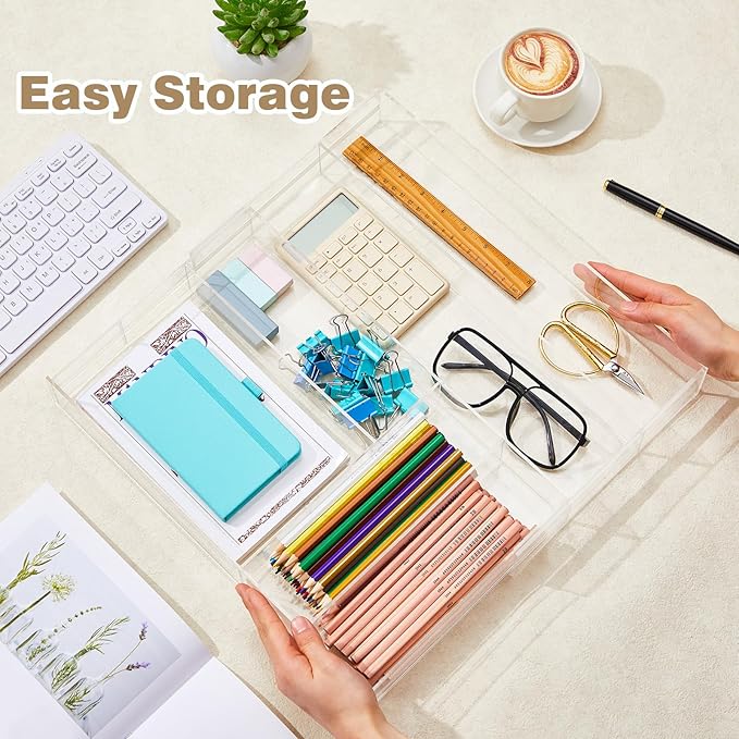 Briwooody 1 Pcs Acrylic Drawer Organizer 9'' up to 18'' x 15'' x 2'' Expandable Drawer Organizer Pens Notebook Ruler Makeup Tray with 7 Adjustable Compartments for Desk Office Kitchen Bathroom(Clear)