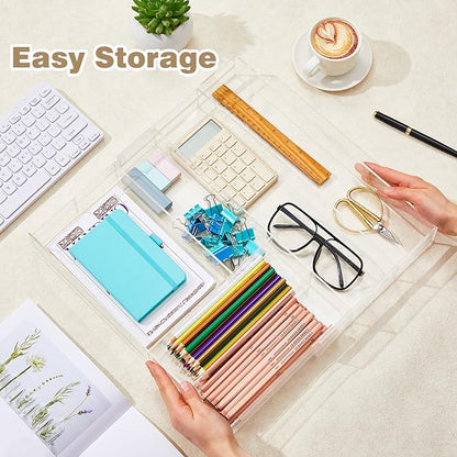 Briwooody 2 Pcs Acrylic Drawer Organizer 9'' up to 18'' x 15'' x 2'' Expandable Drawer Organizer Pens Notebook Ruler Makeup Tray with 7 Adjustable Compartments for Desk Office Kitchen Bathroom(Clear)