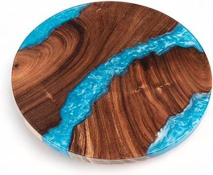 Handmade Reversible 16" Wood and Epoxy Resin Lazy Susan, Turntable for Kitchen Countertop, Rotating Display Stand, Organizer and Storage for Dining Table, Cup Board, Home Decor (Light Blue)