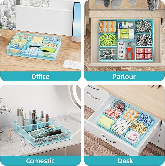 Marbrasse Desk Drawer Organizer, Metal Mesh Drawer Organizer Tray with 5 Adjustable Compartments,Desk Organizers and Accessories for Home,Office,Kitchen,Makeup,Vanity (Blue)