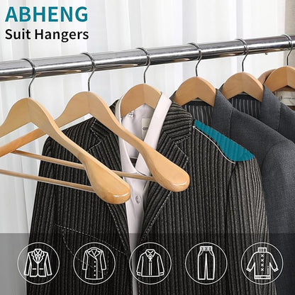 ABHENG Solid Wood Suit Hangers, 10 Pack, Coat Hangers with Non Slip Trouser Bar, 360° Swivel Hook, Heavy Duty Wide Hangers for Suit, Coat, Jacket, Trousers, Pants,17.3" W x 9" H, Dark Walnut AWY0410N