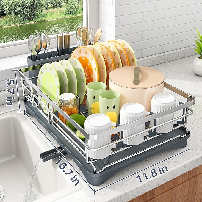 SAYZH Dish Drying Rack - Stainless Steel Dish Rack for Kitchen Counter, Large-Capacity Dish Drainer with Cutlery Holder, Kitchen Organizer for Dishes, Spoons and Forks, Silver