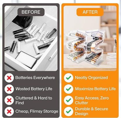 Battery Ladder Organizer Case for AA & AAA Batteries - Stackable or Mounted Vertical Storage Battery Dispenser for Home, Garage, & Workshop (2-Pack, Holds 20 AA & 28 AAA Batteries)