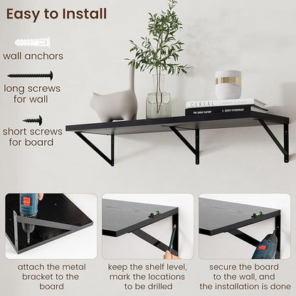 Axeman Floating Shelves for Wall Black- 36 Inch Wide x 12 Inch Deep Wall Shelves Set of 2 - Black Deep Wood Floating Shelves for Living Room Bedroom Laundry Room