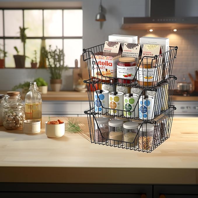 SANNO Black Stackable Wire Baskets Stacking Bins for Vegetable Storage Pantry, Fridge,Bathroom Storage Organization,4 pack