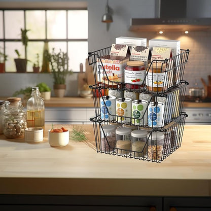 SANNO Black Stackable Wire Baskets Stacking Bins for Vegetable Storage Pantry, Fridge,Bathroom Storage Organization,4 pack