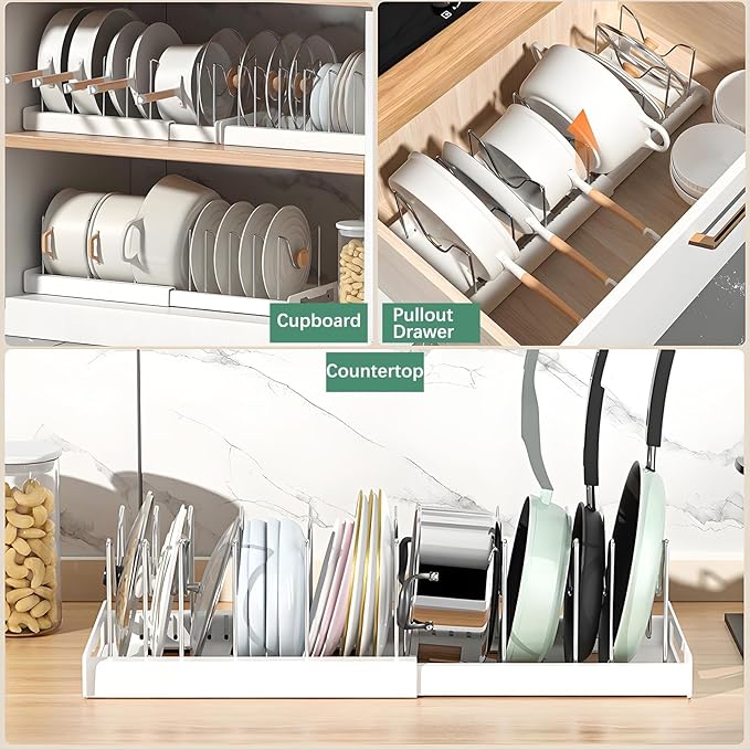 KXSGKRR 2 Pcs Pot and Pan Organizer, Expandable Pots and Pans Organizer Under Cabinet, Pot Lid Holder with 10 Adjustable Compartment for Bakeware, Cutting Boards, Lid, Dishes, Cookware (2 Pcs)