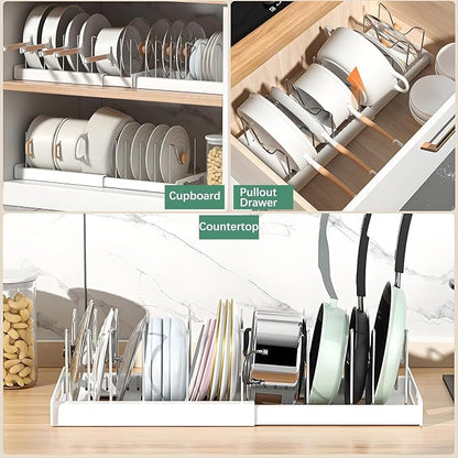 KXSGKRR 2 Pcs Pot and Pan Organizer, Expandable Pots and Pans Organizer Under Cabinet, Pot Lid Holder with 10 Adjustable Compartment for Bakeware, Cutting Boards, Lid, Dishes, Cookware (2 Pcs)