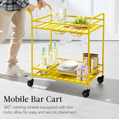 Best Choice Products Outdoor Mobile Patio Bar Cart, Home Bar Serving Cart, BBQ Side Table w/ 2 Tier Storage, Wine Rack, Lockable Wheels - Yellow
