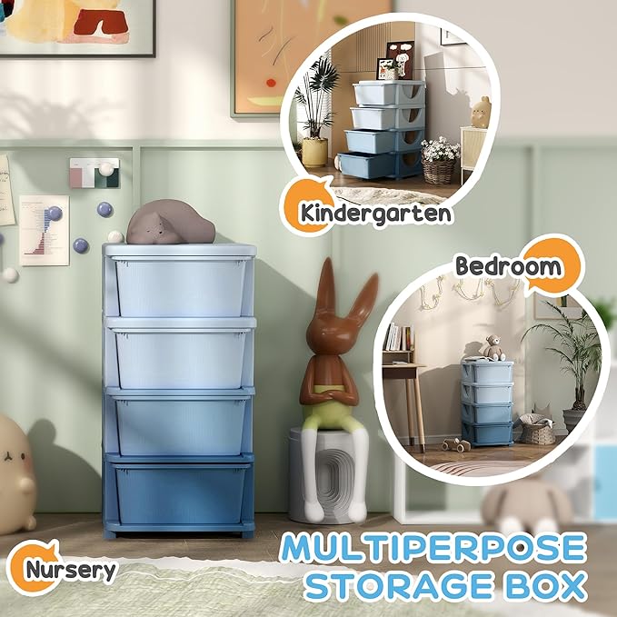 Qaba 4 Tier Kids Storage Unit, Toy Organizers and Storage with 4 Drawer Chest for Kids Bedroom Nursery Kindergarten Living Room for Boys Girls Toddlers, Blue
