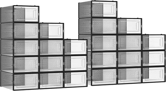 SONGMICS Shoe Boxes, Pack of 24 Shoe Storage Organizers, Stackable Clear Plastic Boxes for Closet, Sneakers, 13.1 x 9.1 x 5.6 Inches, Transparent and Black ULSP906B12