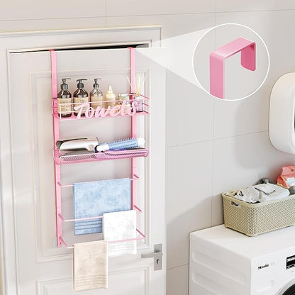 SWTYMIKI SWTYMIKI Over The Door Towel Racks for Bathroom - 5-Tier Wall Mounted Bathroom Towel Storage Organizer Holder with Metal Shelf, Pink