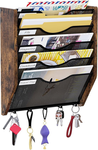 Wall File Organizer With Hooks, 5 Tier Mesh Mail Organizer Wall Mounted,Hanging File Organizer,Magazine Holder for Documents,Magazine,Literature,File,Mails,Envelopes