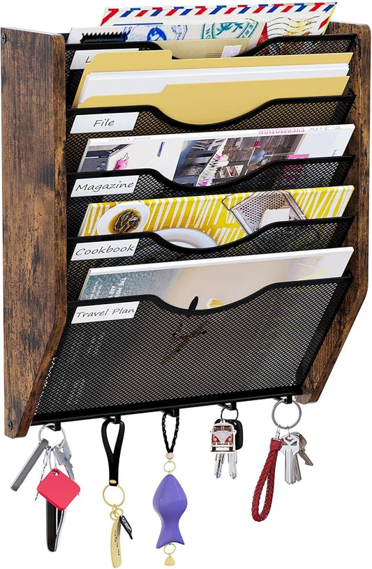 Wall File Organizer With Hooks, 5 Tier Mesh Mail Organizer Wall Mounted,Hanging File Organizer,Magazine Holder for Documents,Magazine,Literature,File,Mails,Envelopes
