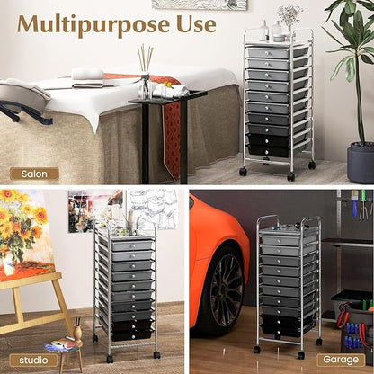 Storage Cart, Rolling Utility Cart with 10 Drawers, Portable Handles & Lockable Wheels, Mobile Paper Toys Storage Organizer Large Capacity for Home Office School Teacher (Gradient Black)