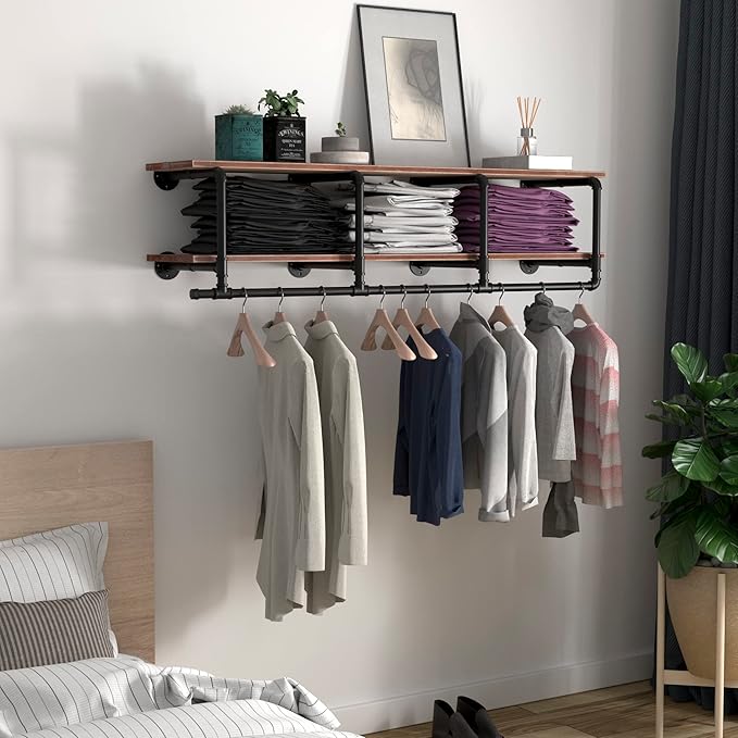 60In Industrial Pipe Clothing Rack with Top Shelf, Space-Saving Wall Mounted Clothes Rack 2 Tiers Pipe Shelves, Shelf with Hanging Rod for Laundry Room, Closet Storage