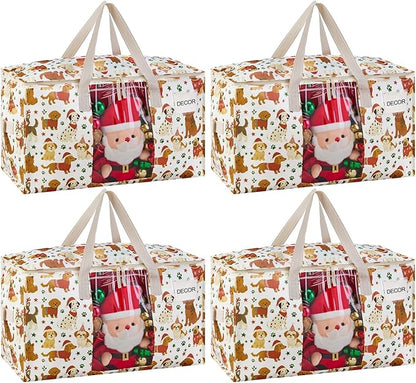VENO 4 Pack Moving Bags, Large Christmas Storage Bins with lids, Packing Supplies for College, Alternative to Moving Boxes, Foldable, Heavy-Duty Tote, Christmas Pattern (Holiday Pups, 4 Pack)
