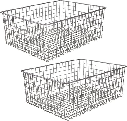 mDesign Metal Wire Food Storage Basket Organizer with Handles for Organizing Kitchen Cabinets, Pantry Shelf, Bathroom, Laundry Room, Closets, Garage - Concerto Collection - 2 Pack - Graphite Gray