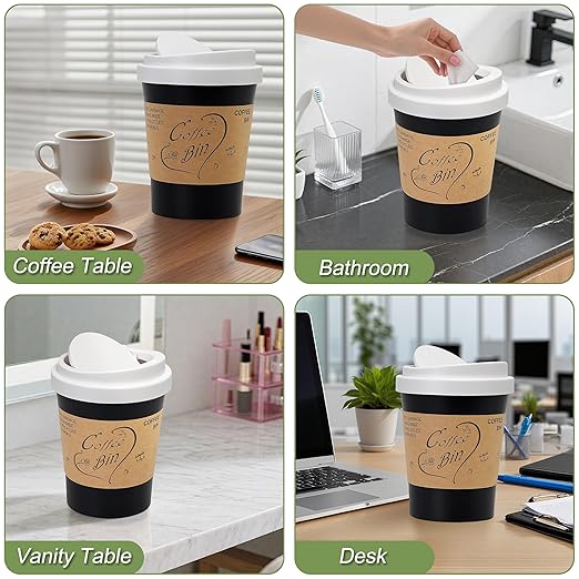 Soddeph Plastic Mini Trash Can with Swing-Top Lid, 0.9 Gallon Desktop Waste Bin for Coffee Table, Office, Small Countertop Wastebasket for Counter, Vanit (White Lid + Black Can, Small)