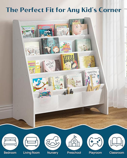 SEIRIONE Sturdy Kids Bookshelf,4-Tier Book Shelf for Kids Room with Tear-Proof Oxford Fabric-Nursery Room Playroom Classroom,Deep Slings to Keep Books Upright,Ideal Height for Toddler Age 3+, White