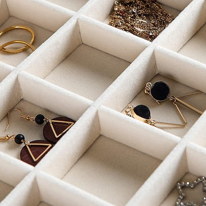 Frebeauty Stackable Velvet Jewelry Organizer Trays for Drawers Inserts Jewelry Storage Tray Display Case, Stud Earrings Bracelets Necklace Rings Accessories Trays for Women Girls(Set of 2 Beige)