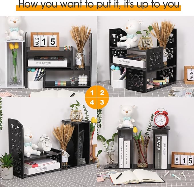 YGYQZ Desk Shelves Desktop Orgnizer Shelf-Black Office Organization for Top of Adjustable Desk Organizers and Corner Bookshelf Table Top Shelving Small Hutch Decorations for Women Office