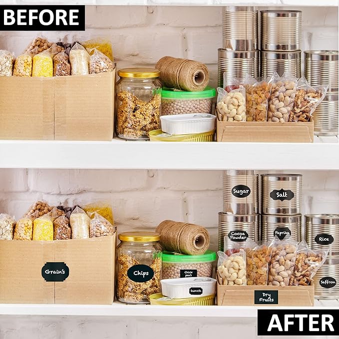 Chalkboard Labels for Jars 98pcs - Waterproof Reusable Chalk Sticker Labels for Containers Storage Jars - 12 Unique Shapes & 3 Sizes Includes Erasable Liquid Chalk Marker & Mini Towel (Pack of 98)
