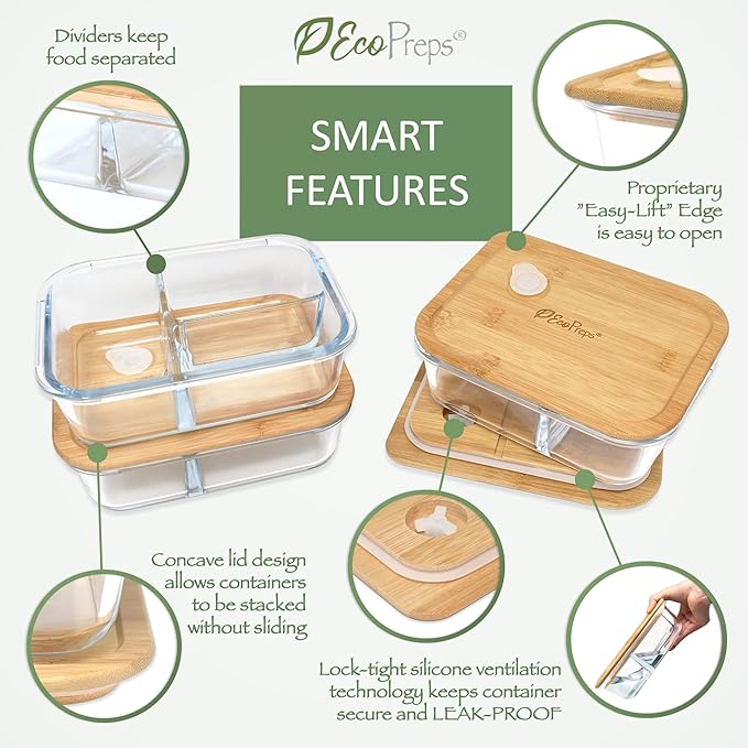 EcoPreps Glass Bento Box Containers with Bamboo Lids, 3 Compartment Glass Meal Prep Containers (3 Pack) - 100% Plastic Free, Eco-Friendly Lunch Container Set, Bamboo Lid Bento Boxes for Adults