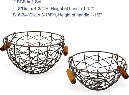 CVHOMEDECO. Round Wire Egg Baskets Rustic Fruit Baskets with Wooden Handles Primitives Vintage Collecting Basket. Rusty, Set of 2