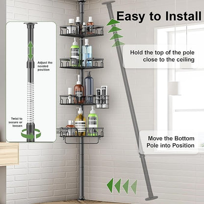 Clothink Corner Shower Caddy Tension Pole 4 Tier Adjustable Stainless Steel Shower Shelf for Inside Shower Bathtub Shampoo,Standing Bathroom Organizer Shelves with 39 to 113 inch Height