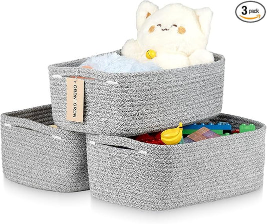 Small Storage Baskets for Organizing, Woven Storage Bins for Shelves, Gift Basket Empty, Cute Decorative Closet Organizer, Baby Rope Basket, Dog Toy Storage, 12.6x8.2x5”, 3Packs Mixed Gray