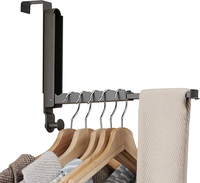 RFOUO Over The Door Hooks Hanger Fit Door up to 1 3/4" Optimal 1pc,Over The Door Hanger with Retractable Rod,Foldable Over The Door Drying Rack for Laundry Bathroom Bedroom (Space Grey, 1 Pack)