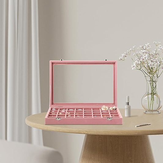 Frebeauty 40 Grid Jewelry Tray,Adjustable Earring Holder Organizer with Glass Lid,Velvet Drawer Jewelry Organizer for Rings,Studs,13.8 x 9.5 x 2 Inches Jewelry Display Box,Gift for Women(Pink)