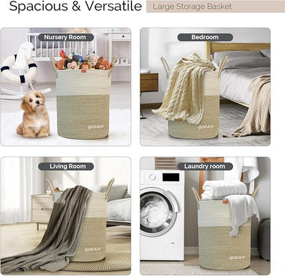 large tall sturdier Laundry Hamper Basket Woven Storage Baskets for clothes Pillows Blanket Toy in living or bed room decoration H50XD38cm borwn/beige