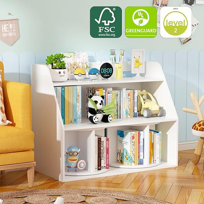 NACHES Wooden Kids Bookcase with 2 Rotating Shelves 3 Tier Children Bookshelf Toddler Toys Organizer Multi Functional Wood Storage Bookshelf for Kids Rooms Nursery, White