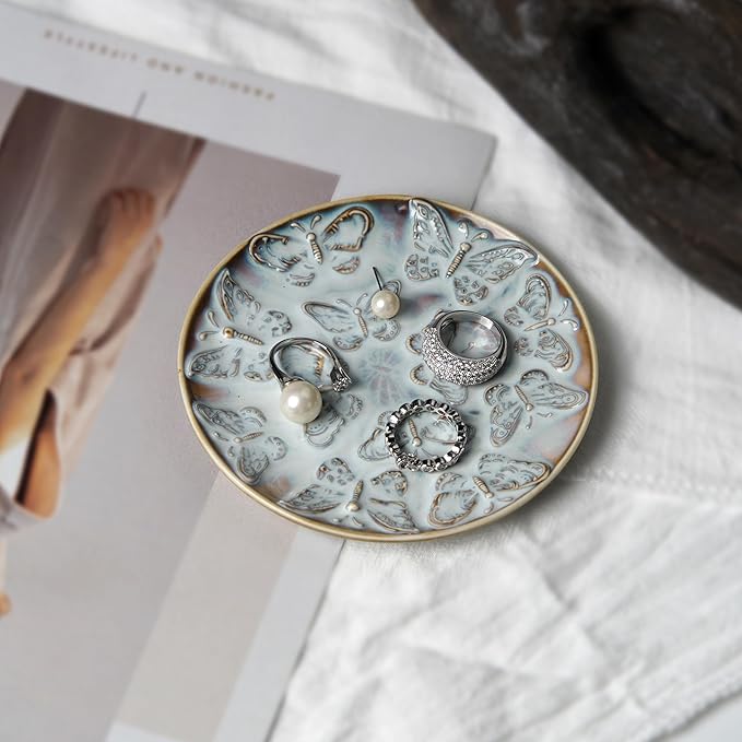 Ceramic Jewelry Dish, Decorative Tray for Rings Earrings Necklaces Bracelet Watch Keys, 4.50" Trinket Tray as Gifts for Women (Reactive Butterflies)