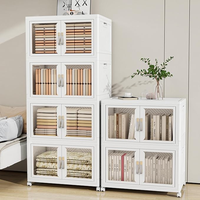 Vavkorkula Large Stackable Storage Bins with Lids, 660QT-165QT*4Tier Foldable Cabinet for Closet Organizers, Plastic Storage Containers Box with Wheels