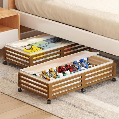 Wisuce Home Under Bed Storage Containers With Wheels - 2 Pcs Large Bamboo Wood Rolling Underbed Shoe Storage Bins With Dust Bags for Clothes Blankets, Duvet Covers Snacks Toys (Walnut)