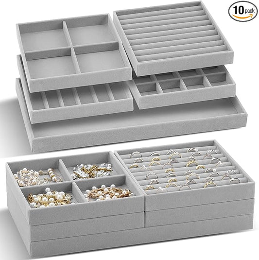 Set of 10 Stackable Jewelry Organizer Trays for Drawer 14 Inch Velvet Jewelry Drawer Insert Display Storage with Removable Divider for Necklace Earring Ring Watch Bracelet (Gray)