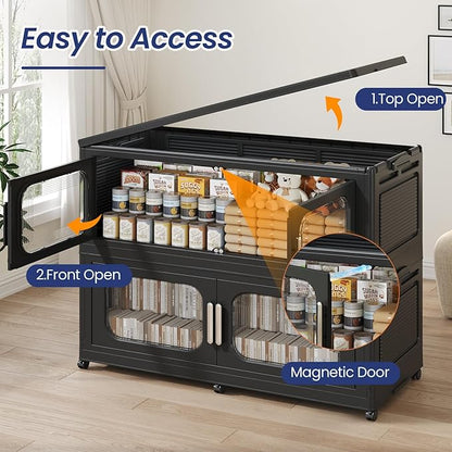 200Gal Exra Large Stackable Storage Bins with Lid, 800QT Collapsible Storage Box with 6x Wheels, Folding Plastic Cabinet Container with Door Drawer for Home Kitchen Office Dorm, 4Pack Black