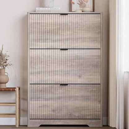 Entryway Shoe Cabinet with 3 Flip Drawers, Narrow Shoe Organizer Cabinet with Fluted Panel and Adjustable Shelves for Foyer, Hallway