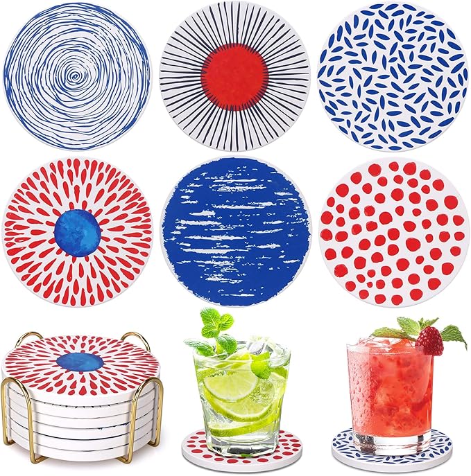 Absorbent Coasters Set of 6 Round Ceramic Coasters for Drinks Modern Colorful Boho Coasters with Holder Cute Coffee Table Decor Coaster Outdoor Stone Cup Coasters Funky Cool Coasters Desk Coasters