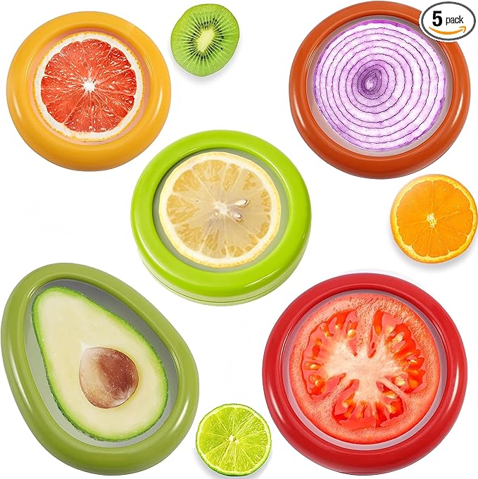 Weesdsio 5 Pcs Avocado Saver and Tomato Holder Set of 5 Reusable Storage Containers for Fridge Silicone Fruit and Vegetable Anti-Oxidation Storage Box Ideal for Garlic, Onions, Lemons, and Potatoes