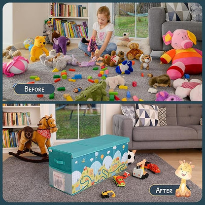 Extra Large Toy Storage Organizer with Lid - Sturdy, Collapsible Toy Chest Storage Box with Cute Design - Toys Bin with Dividers for Kids, Boys, Girls, Nursery, Bedroom, Play room 37"x16"x14"