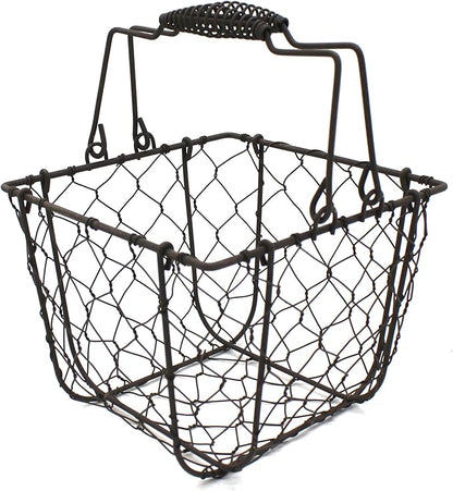 CVHOMEDECO. Square Chicken Wire Egg Basket Fruit Basket with Swing Handles Primitives Vintage Gathering Basket. Rusty