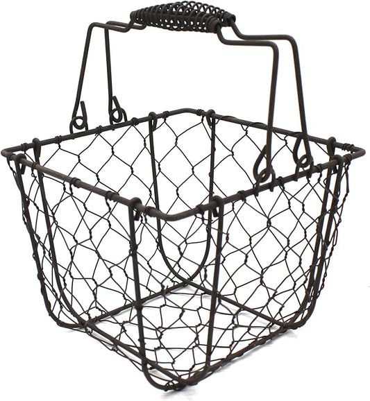 CVHOMEDECO. Square Chicken Wire Egg Basket Fruit Basket with Swing Handles Primitives Vintage Gathering Basket. Rusty