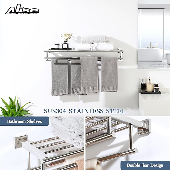 Alise Towel Rack,Towel Hanger Towel Shelf with Double Towel Bars for Bathroom Lavatory,28 Inch SUS 304 Stainless Steel Wall Mount Towel Holder,Polished Chrome